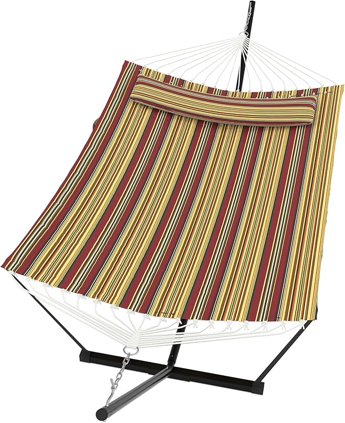 2 Person Double Hammock with Stand & Pillow, 450 LBS Heavy Duty Outdoor Hammock with Balance Rope for Patio Backyard Poolside