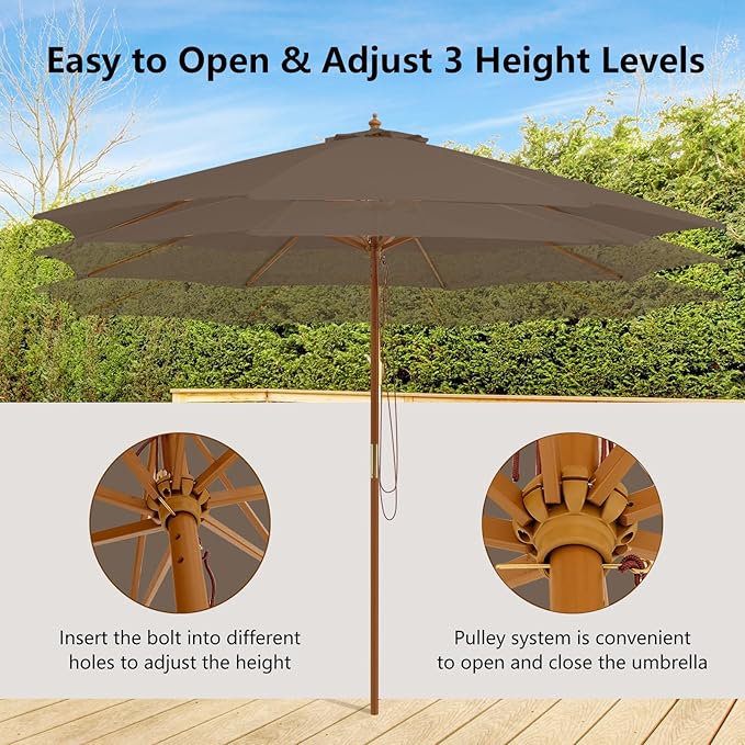 HAPPYGRILL 10 FT Wooden Patio Umbrella with Rope Pulley Lift, 8 Bamboo Ribs, 3 Adjustable Heights, Vented Roof, Outdoor Table Umbrella for Garden Poolside Backyard (Tan)