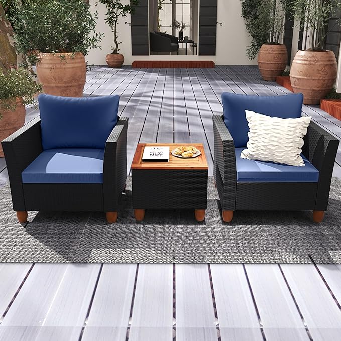 HAPPYGRILL 3 Pieces Patio Conversation Set with Storage Coffee Table, PE Rattan Wicker Sofa Set with Cushions, Acacia Wood Outdoor Furniture for Balcony Backyard Porch Garden