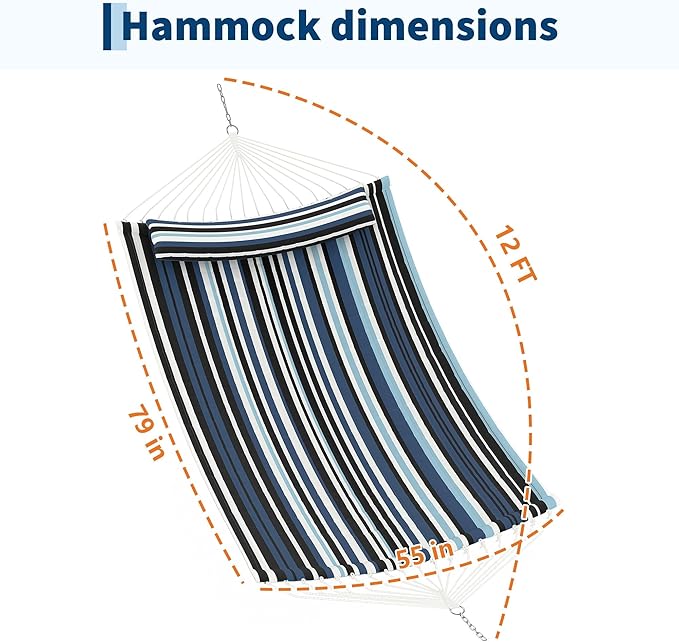 12 FT Double Quilted Fabric Hammock with Spreader Bar & Detachable Pillow, 450 LBS Capacity 2 Person Hammock, Indoor Outdoor for Patio Backyard Poolside Garden