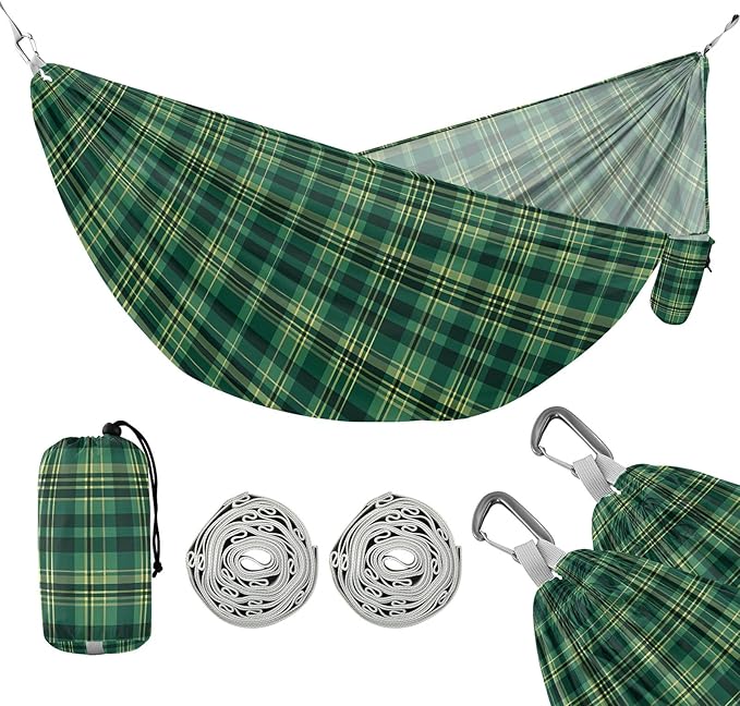 Camping Hammock Outdoor Hammocks for Outside Check Plaid Green 2 Beach Trees Portable Lightweight with Pockets Tree Straps Indoor