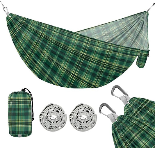 Camping Hammock Outdoor Hammocks for Outside Check Plaid Green 2 Beach Trees Portable Lightweight with Pockets Tree Straps Indoor
