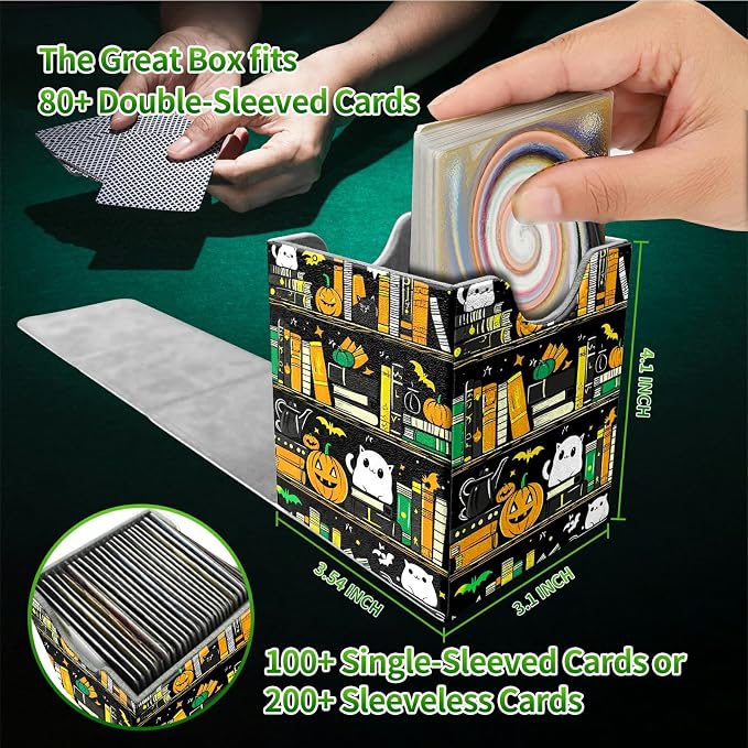 Deck Box for MTG, Cards Storage Box Fits 120+ Sleeved, Leather Medium Size Strong Magnetic Closing Card Case for Board Games Magic TCG CCG Baseball Collection, Pumpkin Books