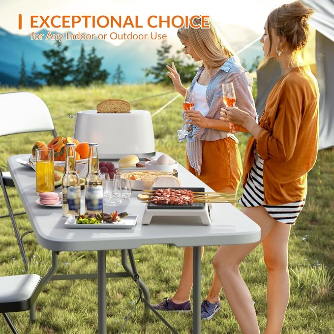 Elevon Folding Table Set with 8 White Folding Chairs,6 Feet Heavy Duty Fold-in-Half Utility Table Sets for Picnic, Event, Training, Outdoor Activities, at Home and Commercial Use