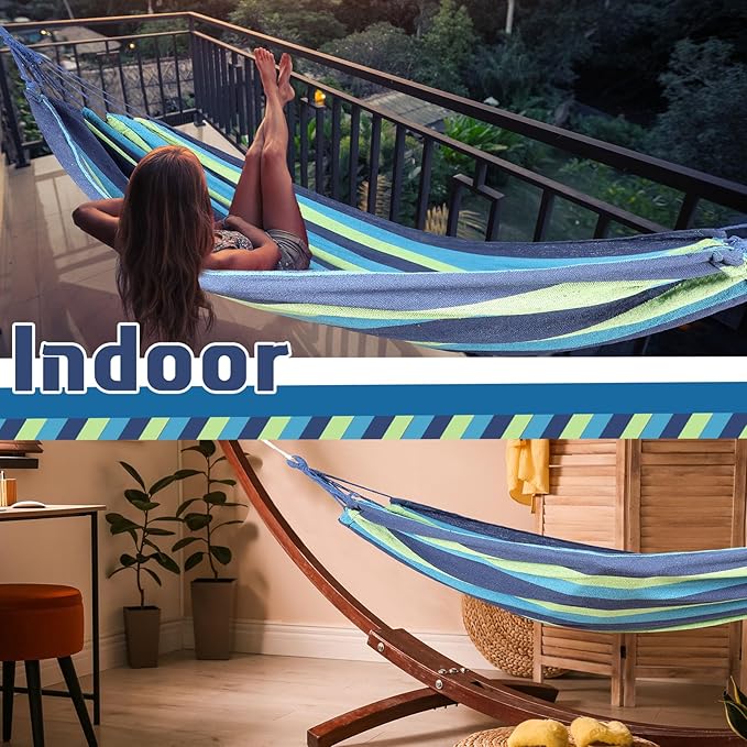 Windyun 2 Sets Cotton Canvas Hammock Large Double Hammock 400lbs Portable Camping Hammocks for Outside with Carrying Bag Sturdy Metal Knot Ropes and Tree Straps for Travel Patio Garden Backyard (Blue)