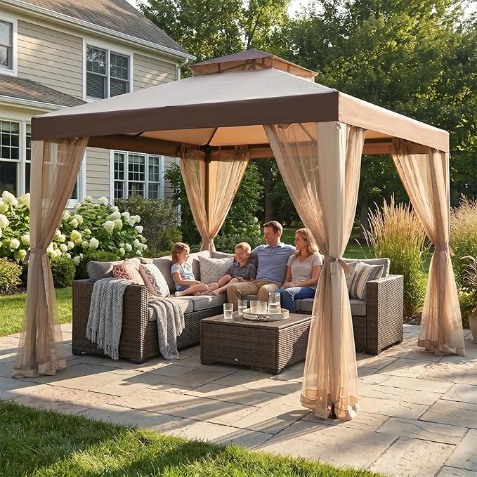 10x10 Gazebo with Netting, Canopy Tent Sun Shade Shelter for Outdoor Patio Backyard (Beige)