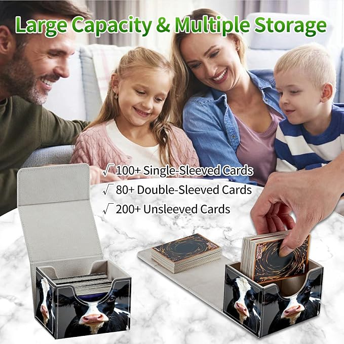 Card Deck Box for MTG, Cards Storage Box Fits 120+ Sleeved, Leather Small Size Strong Magnetic Closing Card Case for Board Games Magic TCG CCG Baseball Collection, Black White Cow