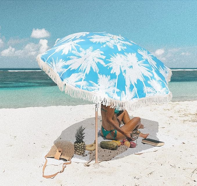 6.5Ft Boho Beach Umbrella with Fringe, Tassel Umbrellas with Tilting Wood Pole & Carrying Bag, UPF 50+ for Beach