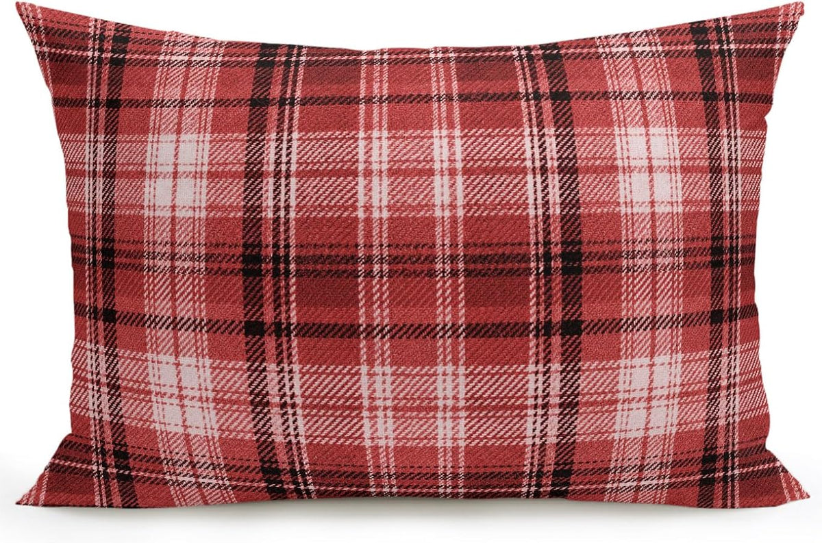 Waterproof Outdoor Pillow 1 Pack Red Checked Plaid Decorative Throw Pillows Cover & Insert 20x12 Inch Lumbar Pillowcase Stripes Woven Grid Pillows for Couch Sofa Bed Patio Furniture Indoor Outdoor