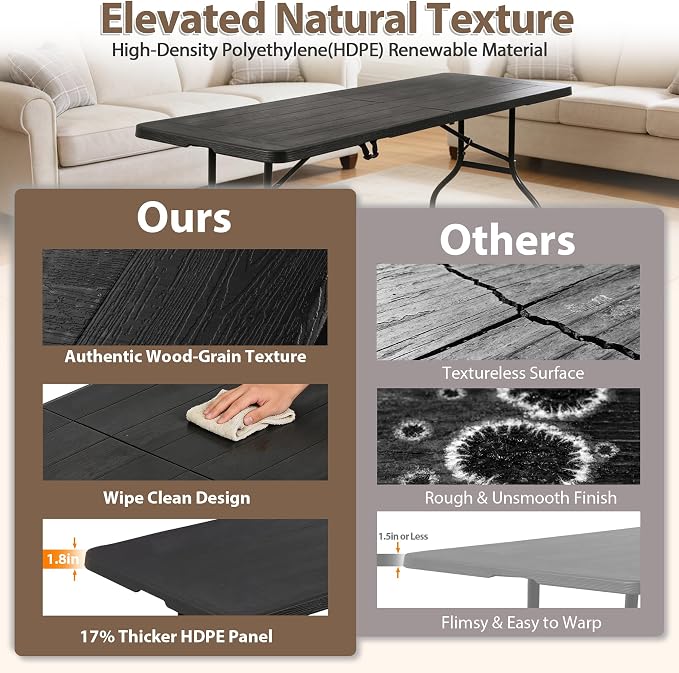 ZENY 8 Feet Plastic Folding Camping Table, Portable Indoor Outdoor Party Picnic Dining Table for Garden Soccer Party Wedding Multipurpose Entertaining Activities (Black)