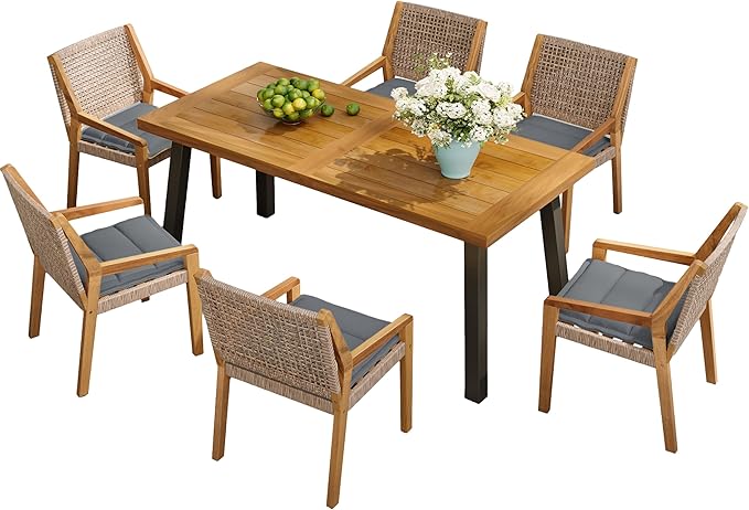 Christopher Knight Home Palin Wooden Patio Dining Set for 6, Acacia Wood Outdoor Dining Table Set for 6, 7 Piece Outdoor Dining Set with Rectangular Table and Armchair with Seat Cushion, Grey + Teak