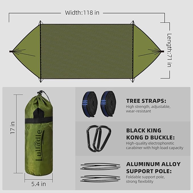 Lulladle Camping Hammock - (Double/Single) Hammock Portable with Tree Straps and with Mosquito Net，Nylon Hanging Hammock Easy Setup and Pack for Outdoor, Hiking and Backyard