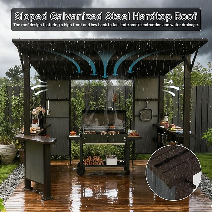 Domi 9x10FT Grill Gazebo Hardtop, BBQ Gazebo for Outdoor Grill with Storage Shelves and Expansion Platform, Metal Permanent Lean-to Canopy for Patio Backyard Lawn, Brown