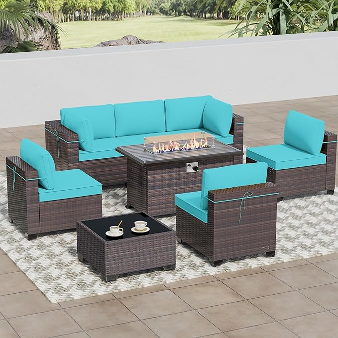 8 Pieces Outdoor Patio Furniture Sets w/55000 BTU Propane Fire Pit Table,Wicker Conversation Sofa,Includes 6 All-Weather High Back PE Rattan Seating Components w/Coffee Table&Gas Fire Pit,Blue