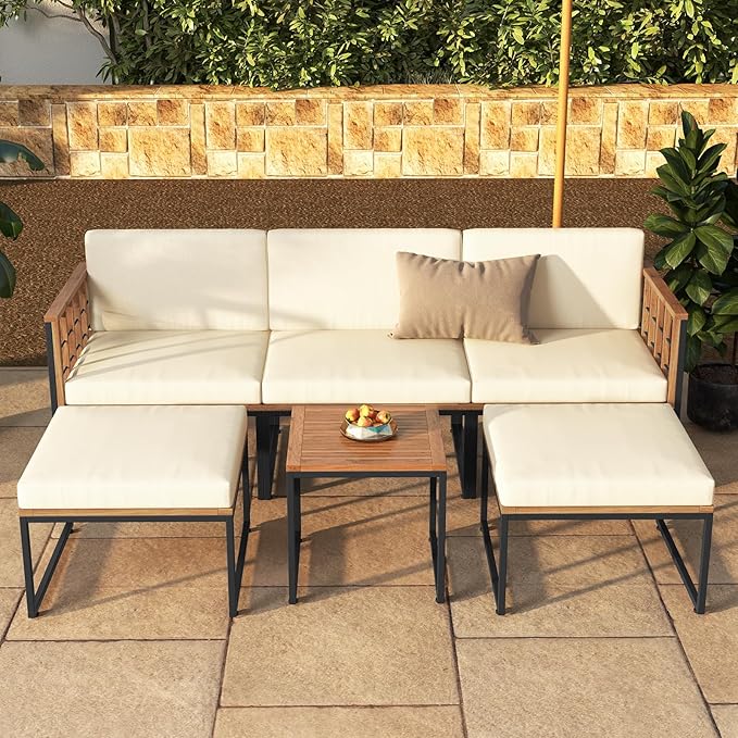 Tangkula 6 Pieces Acacia Wood Patio Furniture Set, Outdoor Sectional Conversation Sofa Set with Cushions, Coffee Table and Ottomans, Metal Frame Patio Sofas for Garden, Poolside, Backyard, Beige