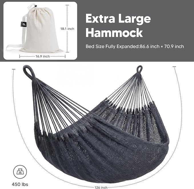 SUNCREAT Hammocks Outdoor Hammock Swing, Extra Large Hammock Heavy Duty, Gray