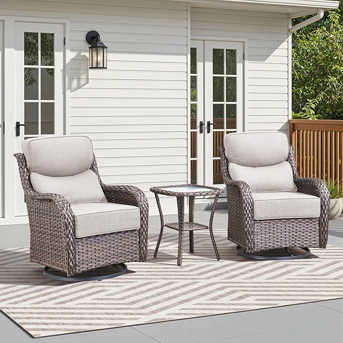 Luxury Outdoor Swivel Rocker Patio Chairs-3 Piece Wicker Patio Rocking Chairs Set of 2 with Glass Side Table 6" Thick Cushions High Back Outdoor Furniture Sets for Deck Porch Balcony(Brown/Beige)