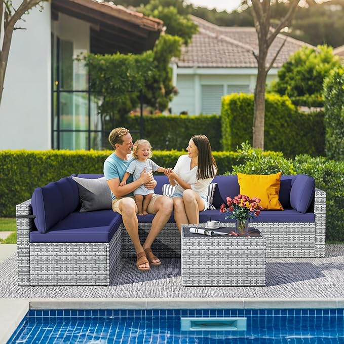 7-Piece Outdoor Sectional Sofa Set, Weather-Resistant Patio Furniture Set with Washable Cushions and Coffee Table, Grey Rattan Patio Conversation Set for Poolside, Backyard, Deck (Navy Blue)