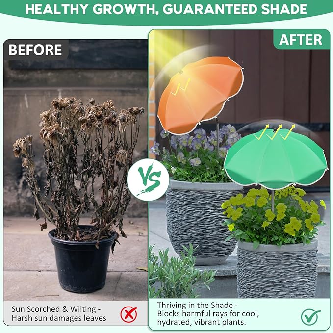 QRRICA 23.6" Adjustable Garden Umbrella Shade for Outdoor Use, Potted Greenery & Garden Beds – Angle-Adjustable Sun Protection
