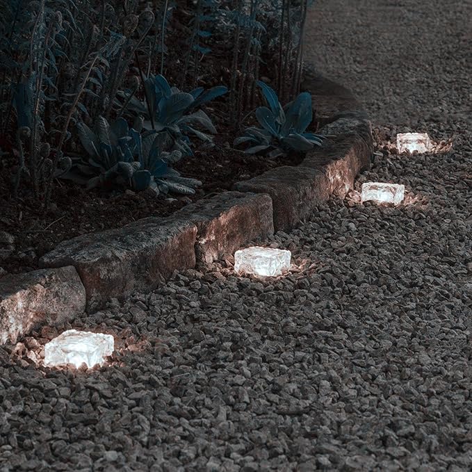 Outdoor 4 Pack Ice Cube Bricks Rocks Lights Solar Powered LED In Ground Pathways Patio Yard Garden Glow Lights Decor