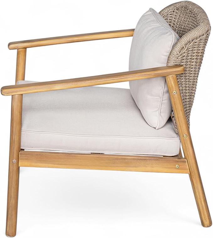 Christopher Knight Home Landon 4 Pieces Patio Conversation Set, Acacia Wood Loveseat and Coffee Table, Woven Rope Couch, Wood Club Chair, Armchair and Table Set for Garden Balcony Yard, Teak+Beige