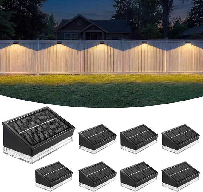 NIORSUN Solar Fence Lights 8 Pack, Outdoor Solar Lights with 3 Color Temperatures, IP65 Waterproof Wide-Angle LED Lighting for Fence, Patio, Yard, Deck, Wall, Garden (Black)