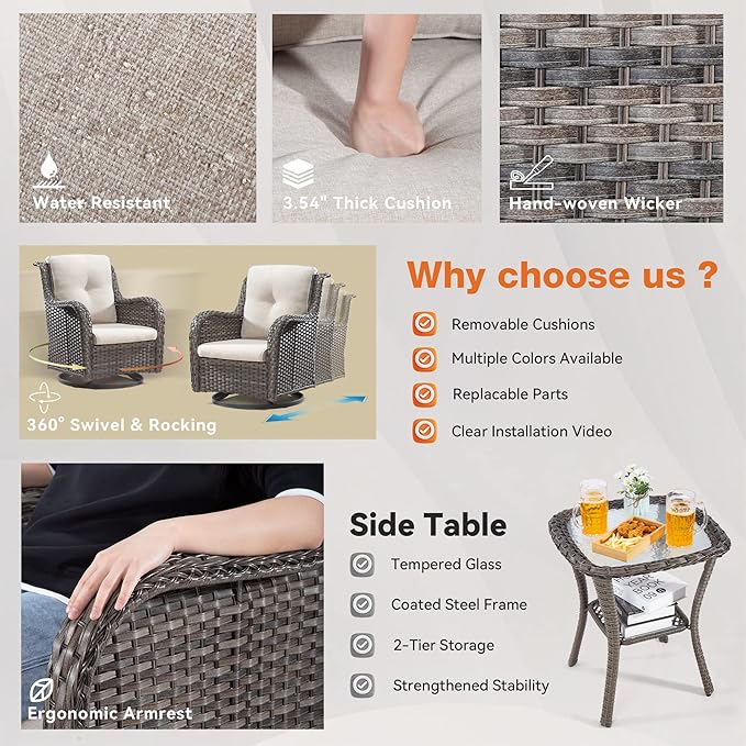 Wicker Patio Furniture Sets 8 Pieces with 3-Seat Sofa, 2 Swivel Rocking Armchairs, 2 Armchairs, 2 Ottoman and 1 Side Table Wicker Outdoor Furniture Sectional Conversation Set, Beige