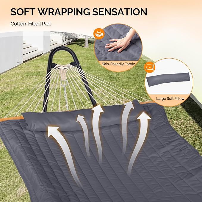 ONCLOUD Double Hammock with Stand for Outside, Rope Hammock with Pillow and Pad, Heavy Duty Hammock Set for Backyard, 550 LBS (Grey)