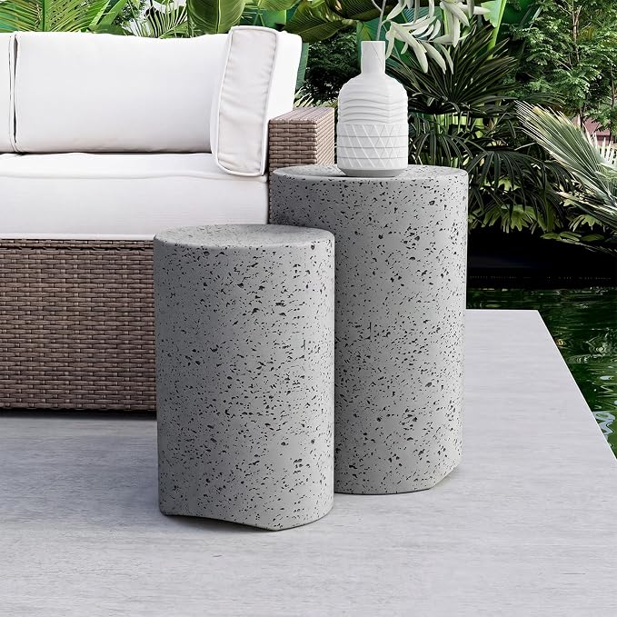 COSIEST Concrete Outdoor Side Table, Set of 2 Round End Tables, Decorative Garden Stools for Indoor Outdoor, Patio Accent Side Table w Spotted, Nesting, Dark Grey