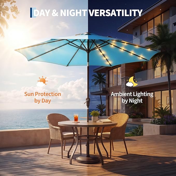 Garvee 10FT Patio Umbrella with 32 Solar LED Lights, Outdoor Table Market Umbrella with Tilt and Crank, 8 Sturdy Iron Ribs Sun Shade for Garden, Deck, Backyard and Pool, Turquoise Blue