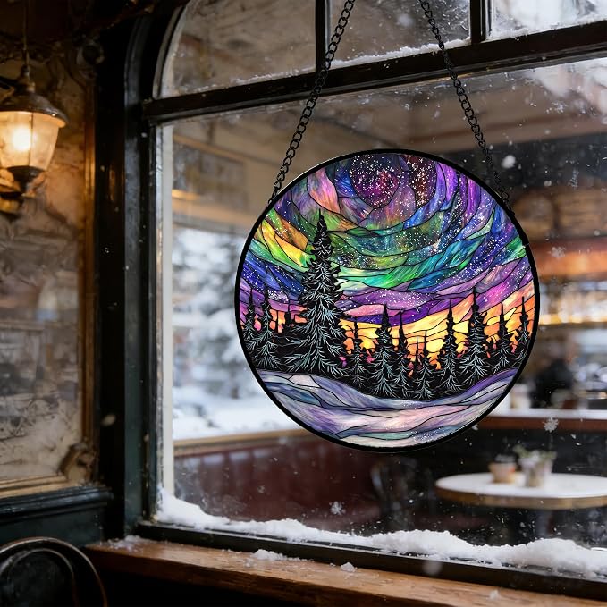 DASTOLL Stained Glass Window Hanging, Van Gogh Night Scene Sun Catchers Colorful Glass Panel Starry Sky Suncatcher Decor for Birthday for Women, Men, Wife, Aunt, and Mom 9.8 in