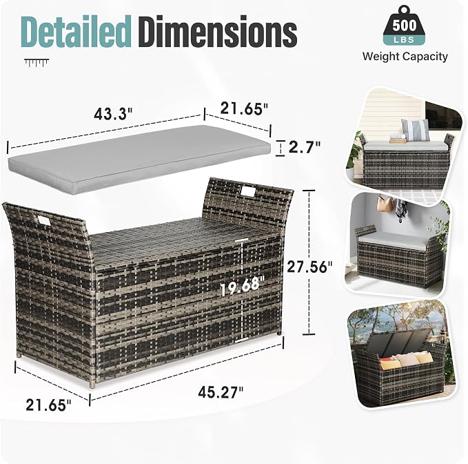Crownland 80 Gallon Outdoor Storage Bench with Cushion, Outdoor Wicker Storage Box, Patio Deck Box with Seat, for Garden, Balcony, Poolside (Grey)