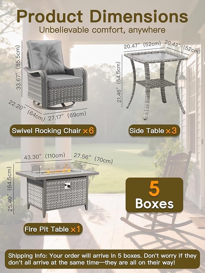 10-Piece Outdoor Conversation Set with 43" Fire Pit Table, 6 Swivel Rocking Chairs (4" Cushions) & 3 Side Tables, All-Weather PE Rattan & Steel Frame for Porch, Deck, Backyard, Grey