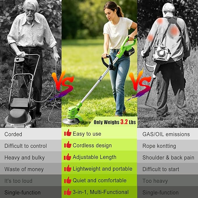 Cordless Weed Wacker, 21V Battery Powered Weed Eater with 2 Battery and Charger, Electric Grass Trimmer with 5 Types 26Pcs Blade, 3 in 1 Stringless Weed Trimmer Brush Cutter Edger for Lawn Garden