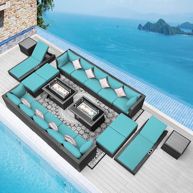 NICESOUL 20 Piece Extra Large Patio Furniture Set w/Fire Pit Table & Chaise Lounge, Modern Luxury Outdoor Group Seating w/Firepit, Comfortable 29.3" High-Back Sectional Couch Deep Seat, Gray & Teal