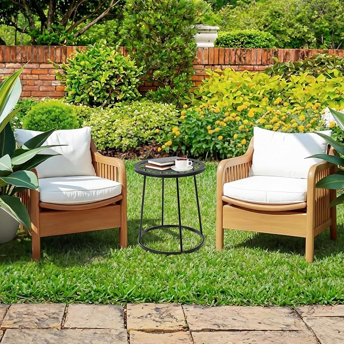 Vercraft Small Outdoor Side Table, 14" Patio Side Tables with Flower Cut Outs Weather Resistant Metal Outdoor End Table for Patio Outside Porch Balconies Garden(Black,Traditional)