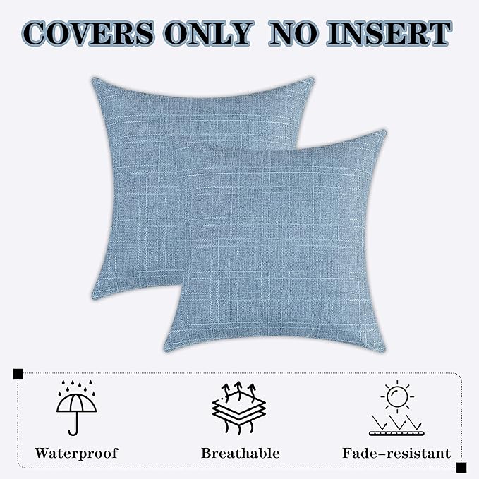 Kevin Textile Outdoor Waterproof 26”x26” Pillow Covers 2 Pack, Light Blue | Water Resistant, Soft Faux Linen-cotton Yarn-dyed Woven Texture Throw Pillow Covers for Tent Patio Garden Couch Sofa