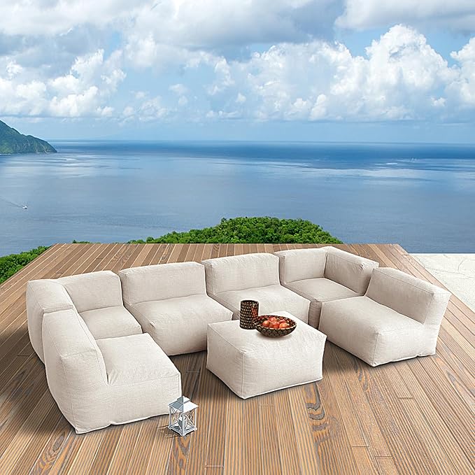 Patio Furniture Set Bean Bag Outdoor Chairs Sectional Conversation Patio Set Daybed Furniture Outdoor Sofa Couch High Density Foam Filling Modern Comfy Patio Couch (Light Beige), A01-7G