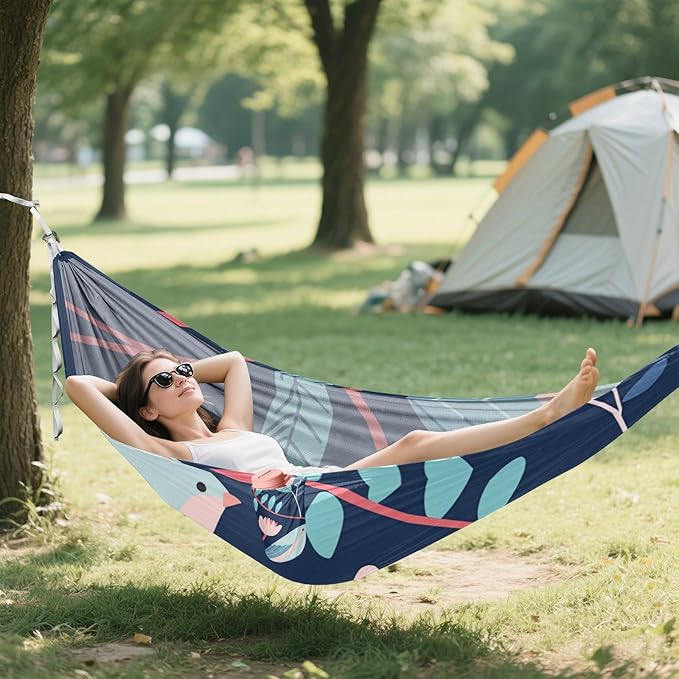 Cartoon Teal Pink Flowers Birds 330lb Capacity Camping Hammock with Portabl Carry Bag Fabric Hammock for Outside Beach Patio Garden capas para la Lluvia