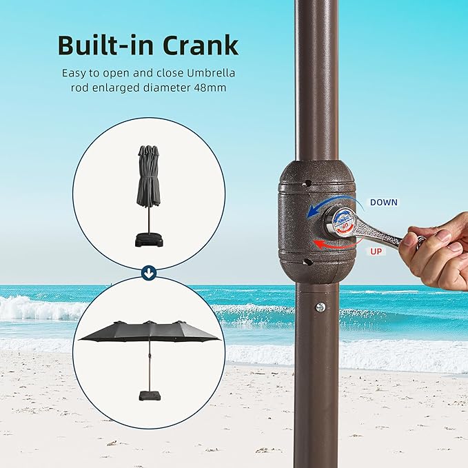 15Ft Patio Umbrella - Large Beach Umbrella W 12 Sturdy Ribs,UPF50 Outdoor Table Umbrella,Picnic Market Umbrella W Base Crank Handle for Pool,Yard,Garden