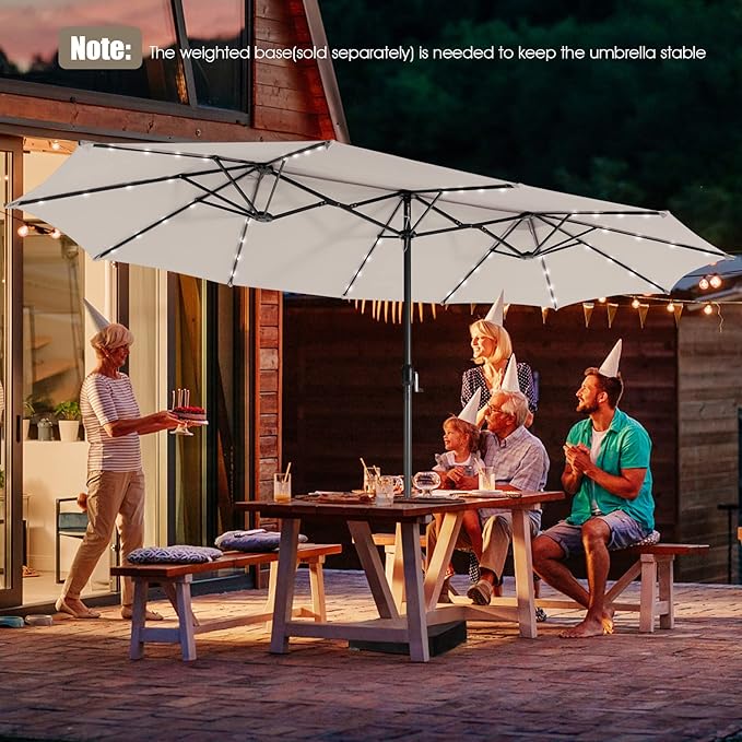 Giantex 15 FT Double Patio Umbrellas with 48 Solar LED Lights, Auto-Charging Panel, Crank System, Outdoor Extra-Large Rectangle Market Table Umbrella for Garden Deck Backyard Beach Pool