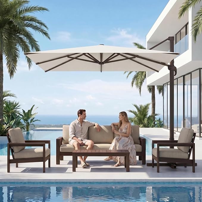 Kingdura 9' X 9' Cantilever Patio Umbrella with Base Included, Large Square Outdoor Offset Umbrella with 360-degree Rotation, 4 Position Tilt, UV Protection for Pool Deck Garden Patio (Cream white)