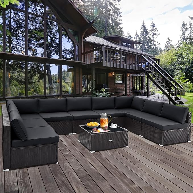 Tangkula 10 Piece Patio Sofa Set, Patiojoy Outdoor Wicker Conversation Set with Seat & Back Cushions, Tempered Glass Tabletop, Sofa Fastener Clips Included, Rattan Furniture Set for Backyard, Poolside
