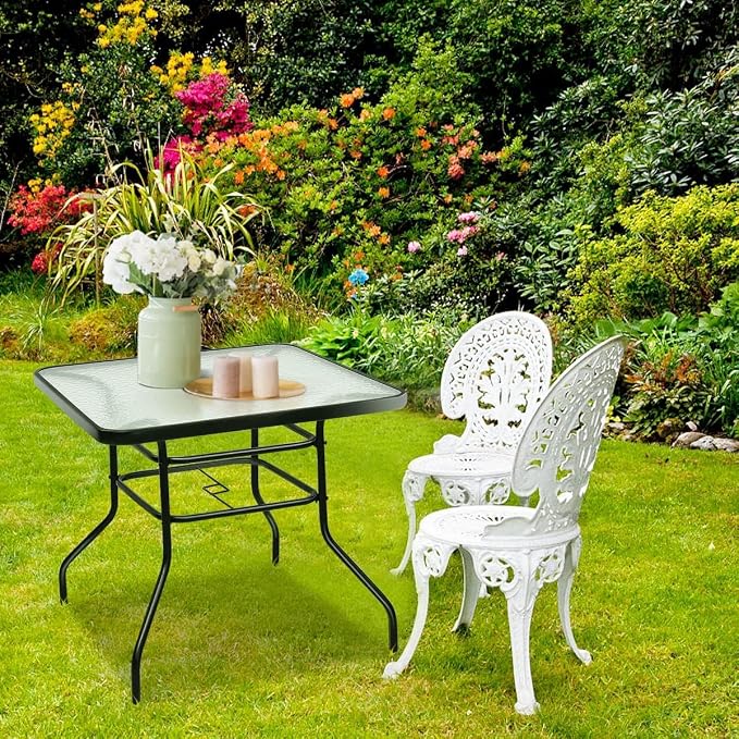 32in Outdoor Table Patio Dining Table Outdoor Dining Table with Umbrella Hole Square Tempered Glass for Yard Bistro Lawn Balcony (Black, Square 31x31x28in)