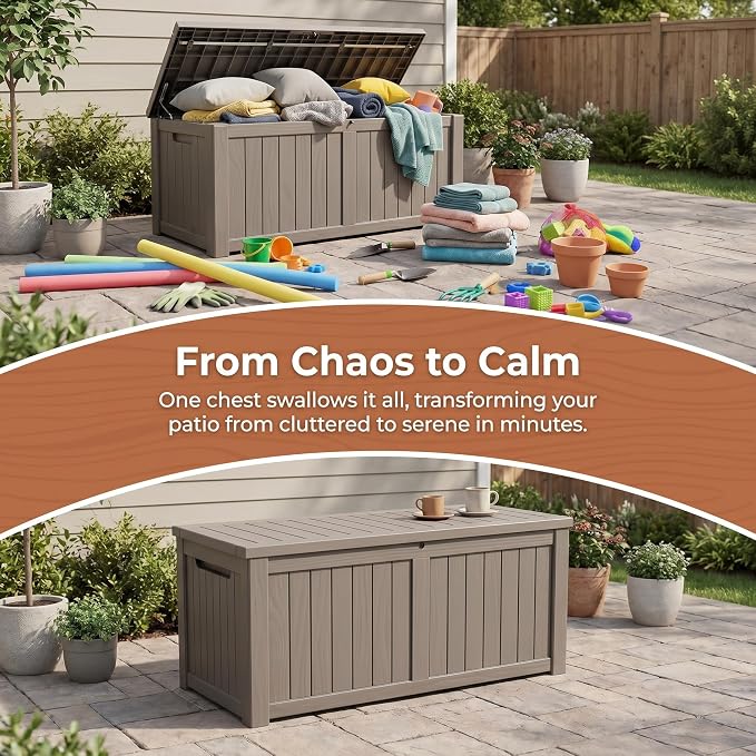 148 Gallon Resin Deck Box - Outdoor Storage Chest for Patio Furniture Cushions, Garden Tools, Pool Accessories & Backyard Organization Lockable Waterproof All-Weather Wood Grain Design, Easy Assembly