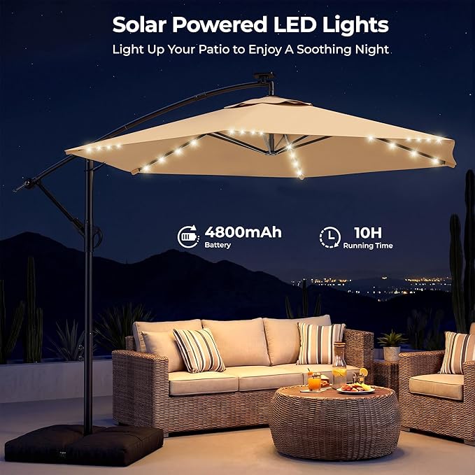HOMSHADE 10FT Offset Patio Umbrella with Solar Lights, Outdoor Patio Umbrella with Base Included, Easy Tilt and UPF50+ Cantilever Market Hanging Umbrellas for Pool, Deck, Garden, Patio (Beige)