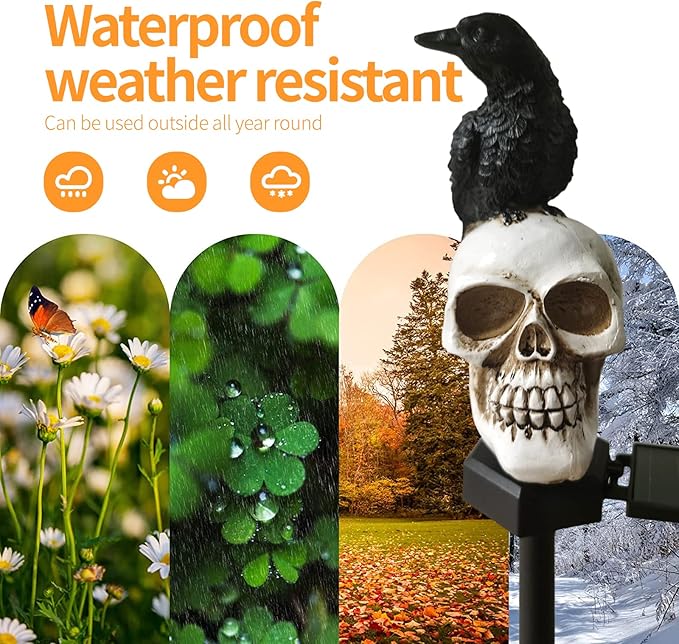 QH & Garden Halloween Outdoor Decoration Solar Lights, Waterproof Ghost Lights, Skull Solar Garden Statue with Black Crow on Skull, Skeleton Stakes with LED, Stunning Halloween Decorations