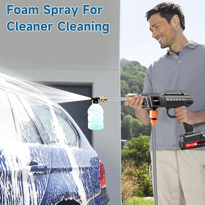 1500W Portable Battery Power Washer, 60Bar/870PSI Electric Pressure Washer Handheld High Pressure Car Washer Gun with 2 Nozzles, 2 Battery, 5m Hose Cordless Jet Washers for Car/Floor/Patio