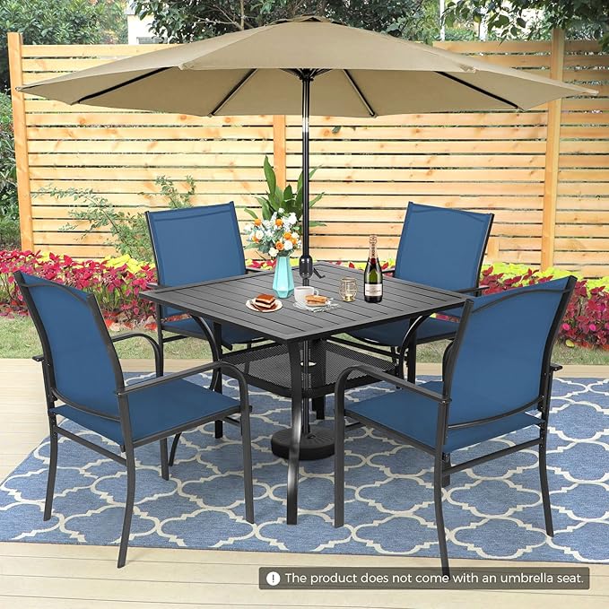 Incbruce 6 Pieces Patio Dining Set with Brown Umbrella, Outdoor Dining Set of 4 Textilene Chairs and Square Table with Umbrella Hole for Backyard, Garden, and Poolside (Blue)