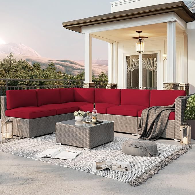 SUNCROWN Outdoor Patio Furniture Set 7 Piece Outdoor Sectional Sofa Grey Wicker Conversation Sofa Set with Coffee Table and Cushions -Red
